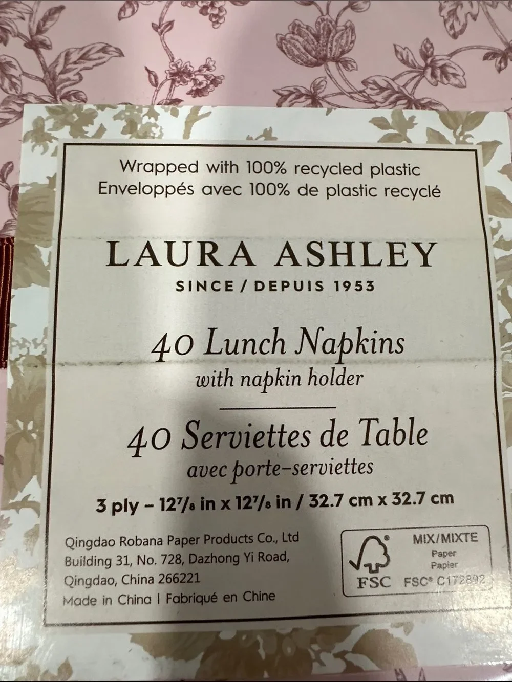 LAURA ASHLEY pink burgundy toile floral 40 x 2 Square & Guest Napkins in a Box